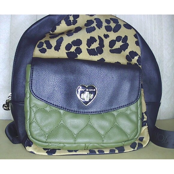 Betsey Johnson Velvet Leopard Print Quilted Olive Green Mini Backpack - Picture 1 of 7
